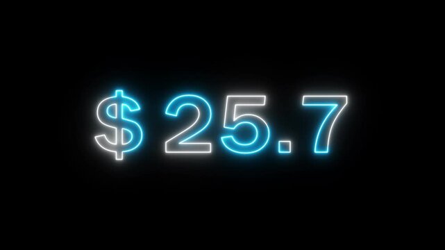 Neon 77 dollar counting animation. Increasing counter dollar number. Business count dollar number. Counting money and digits.