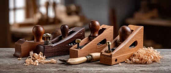 Wooden plane with wood shavings on table shows carving tools for carpentry in workshop setting with rustic-style banner and copy space area