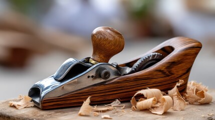 Capturing the tool of craftsmanship with wood shavings on a rustic wooden table showcasing detailed textures and surfaces