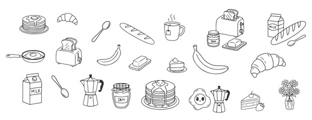 Sketchy Breakfast Elements Bundle, Kitchen Appliance and Food Black and White Icons.