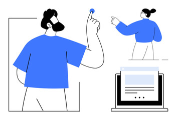 Communication, teamwork, digital technology, online platforms, collaboration, user experience. Minimalist image of individuals pointing at interfaces and a laptop screen. Communication and teamwork