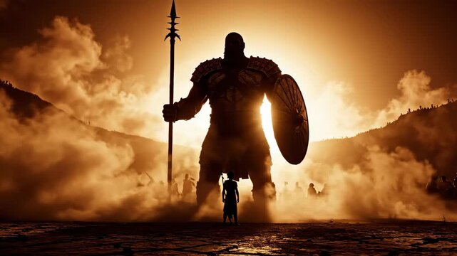 Silhouette Of Fantasy Giant Warrior Holding Spear And Shield Standing In Mystical Landscape With Fog And Golden Sunset Lighting Concept Art