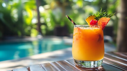 Refreshing tropical drink poolside invites relaxation and summer fun