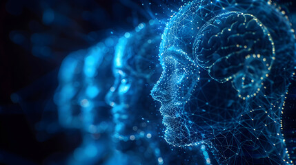 Futuristic evolution of glowing human profiles in digital space