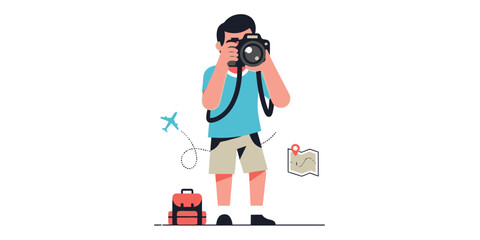 Enthusiastic male traveler capturing moments with a professional camera, ready for adventure with his suitcase and map, symbolizing exciting vacation experiences and journey documentation