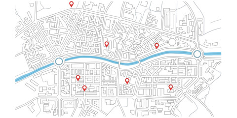 Obraz premium A minimalist city map illustration with red location pins showing various points of interest along a river, representing GPS navigation and local guidance
