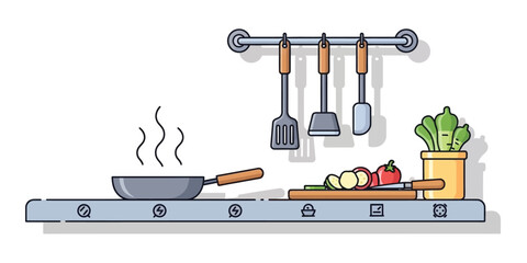 A minimalist kitchen counter illustration showing food preparation with a sizzling pan, hanging utensils, and fresh chopped vegetables