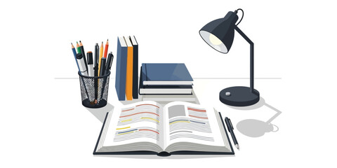 A well-lit study desk with an open book, pens, pencils, and books, suggesting learning and productivity