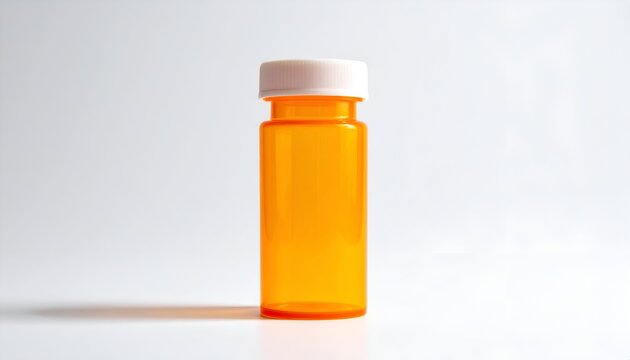 A single, orange translucent cylindrical pill bottle with a white lid, on a white surface - Powered by Adobe