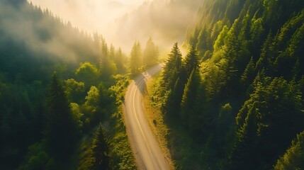 Breathtaking winding road through misty evergreen forest at sunrise