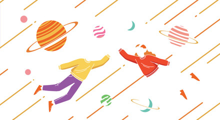 Stylized Vector Illustration of Two Characters Floating in Space Surrounded by Planets and Shooting Stars, Representing Imagination, Dreams, Freedom, and Space Exploration Concepts.