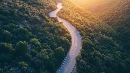 Drive along stunning mountain roads through lush green forest at sunset