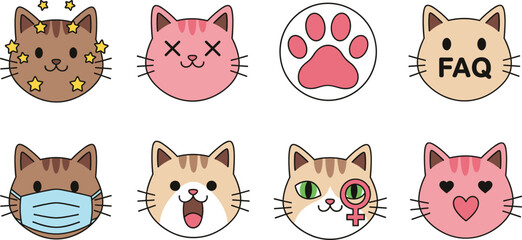 Adorable Kawaii Cat Faces Vector Icon Set with Expressions for FAQ, Female Symbol, Heart Eyes, Mask, and Paw Print, Ideal for Pet Care, Social Media, and Cute UI Design
