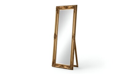 Ornate gold-framed full-length mirror standing on a white background