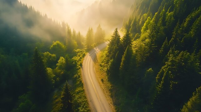 Breathtaking winding road through misty evergreen forest at sunrise - Powered by Adobe