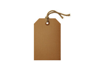plain brown recycled paper tag, tied with hemp string isolated on transparent background, cut out, PNG