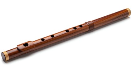 A detailed image of a wooden, cylindrical flute, showing finger holes and brass accents