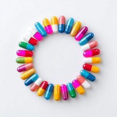 Obraz premium Colorful Capsules in Circular Arrangement on a White Background for Health and Medical Themes