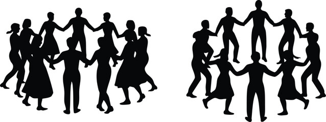 Black Silhouette of People Dancing in a Circle, Group of Friends Holding Hands in a Ring, Two Circles of People Dancing Silhouettes, Teamwork and Unity Concept Graphic, silhouette, vector