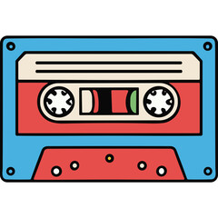 Naklejka premium Retro Audio Cassette Tape With Blue Casing Red Label And Cream Colored Tape Reel Set Against A Black Background With Stylized Dots Representing Sound Waves