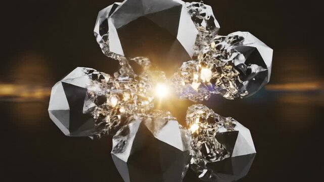 Dynamic abstract rotation of complex metallic silver geometric structures radiating golden light and occupying the empty void concept, design, assembly