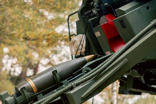 artillery shell 155 mm on combat vehicle platform. artillery shell on a combat vehicle
