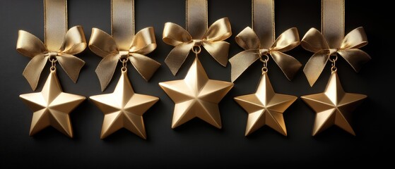 Starry sky background with golden stars and ribbons for a festive season flat lay with space for text and decoration ideas for celebrations or events