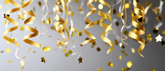Gold stars and ribbons falling on a background for new year or celebration events with party decorations and festive elements