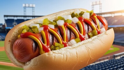 Delicious ballpark hot dog with ketchup and mustard at a stadium, juicy frankfurter in bun with toppings, classic American food, baseball game snack