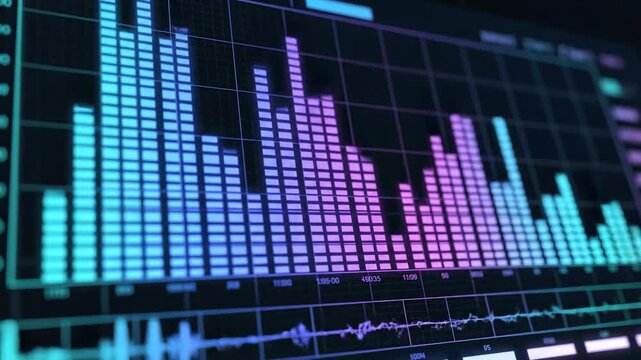Dynamic digital frequency spectrum analyzer display showing rhythmic sound energy responding to deep bass audio pulses corporate, digital, abstract