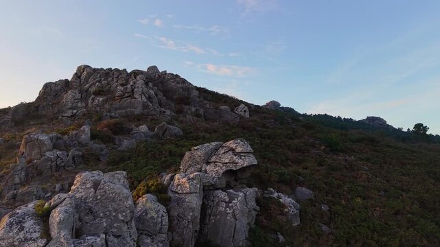 Rocky Mountains Of Monte Louro At Sunset In Louro, A Coru&ntilde;a, Spain. Aerial Drone Shot