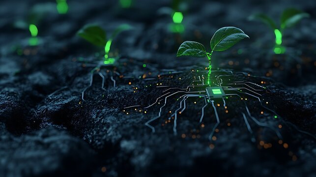 Sustainable technology growing plants with computer chip roots today - Powered by Adobe