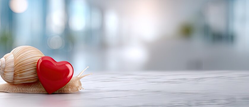 3d render of a snail with a red heart on its shell placed on a table in a softly blurred room setting during daytime