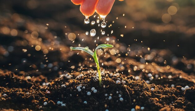 Nurturing a fragile seedling with gentle drops of water, symbolizing growth and new beginnings in fertile soil