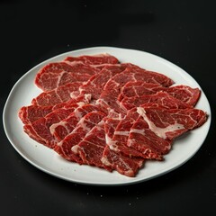 Fototapeta premium Angus Fatty Beef Slices Raw Meat White Plate Black Background Commercial Photography