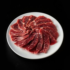 Angus Fatty Beef Slices Raw Meat White Plate Black Background Commercial Photography