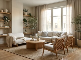 Elegant Japandi style living room with natural light and minimalist wooden furniture.