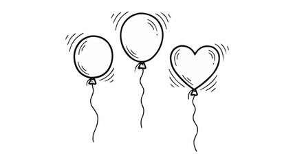 Hand-drawn sketch of three balloons, two round and one heart-shaped, with strings.