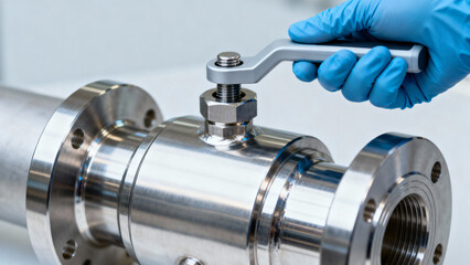 Hand Adjusting a Valve with a Wrench in a Modern Industrial Setting