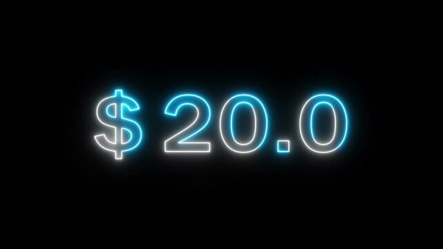 Neon 60 dollar counting animation. Increasing counter dollar number. Business count dollar number. Counting money and digits.