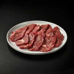 Fototapeta premium Angus Fatty Beef Slices Raw Meat White Plate Black Background Commercial Photography