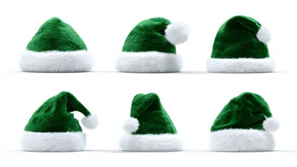 Six Furry Green Santa or Elf Hats Collection. 3D Render of Festive Holiday Caps with White Pom-Poms and Trim, Isolated on a White Background.