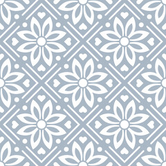 Monochrome floral pattern, muted pastel grey blue colors, seamless vector, white graphic flowers with small cute hearts