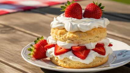 Delicious strawberry shortcake: sweet, creamy dessert with fresh strawberries and fluffy whipped cream on a white plate outdoors