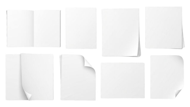 A realistic set of blank white paper sheets, folded booklets, and pages with curled corners