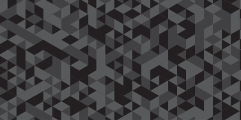Abstract geometric black and gray background seamless mosaic and low polygon triangle texture wallpaper. Triangle shape retro wall grid pattern geometric ornament tile vector square element.	
