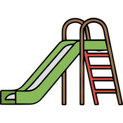 Simple Green Playground Slide with Red Ladder and Brown Frame Against a Black Background