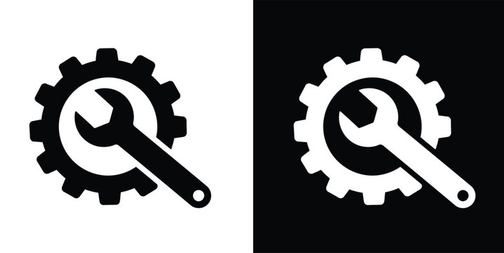 A split image showing a black gear with a white wrench on a white background and a white gear with a black wrench on a black background.