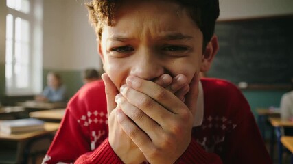 Young student sneezes in classroom during festive season demonstrating hygienic measures - Powered by Adobe