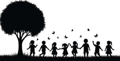 Group of Happy Children Playing Outdoors Holding Hands Silhouette Collection, Running and Cheering near a Large Tree with Butterflies Flying in a Summer Park Vector Graphic